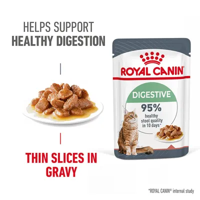 ROYAL CANIN DIGESTIVE cat food pouch, text: Helps support healthy digestion, 95% healthy stool quality in 10 days, thin slices in gravy, image of food on plate and a cat. ROYAL CANIN DIGESTIVE cat food pouch, text: Helps support healthy digestion, 95% healthy stool quality in 10 days, thin slices in gravy, image of food on plate and a cat.