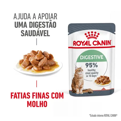 ROYAL CANIN Digestive, fatias finas com molho para gatos. Texto visível: 'Ajuda a apoiar uma digestão saudável', '95% healthy stool quality in 10 days', 'Fatias finas com molho'.