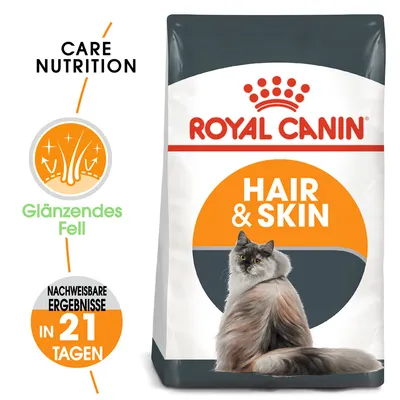 Royal Canin Hair & Skin hrana za mačke, tekst: Glänzendes Fell, Nachweisbare Ergebnisse in 21 Tagen, Care Nutrition. Prikazana dugačka dlaka mačke na pakiranju.