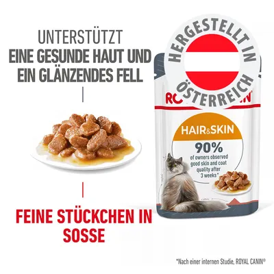 Unterstützt eine gesunde Haut und ein glänzendes Fell. Feine Stückchen in Soße. Hergestellt in Österreich. 90% der Besitzer beobachteten gute Haut- und Fellqualität nach 3 Wochen.