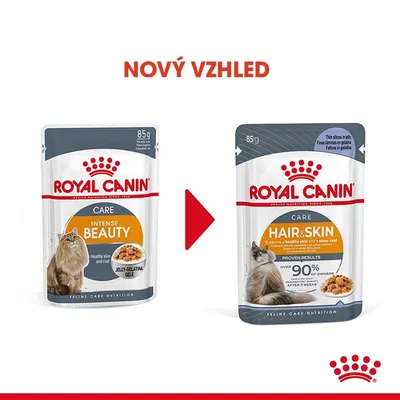 Porovnání starého a nového obalu kapsičky Royal Canin Care 85 g: vlevo Intense Beauty, vpravo Hair & Skin. Text: NOVÝ VZHLED.