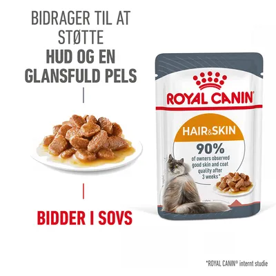 ROYAL CANIN HAIR & SKIN kattefoder, bidder i sovs. Tekst: Bidrager til at støtte hud og en glansfuld pels. 90% of owners observed good skin and coat quality after 3 weeks.
