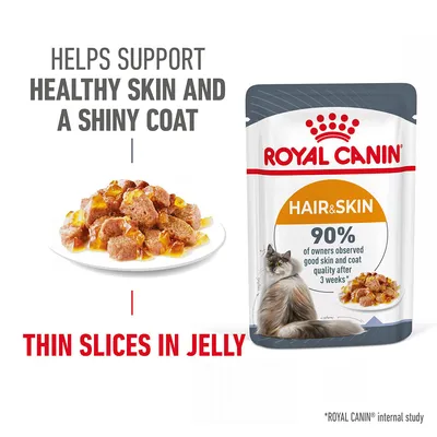 Hair and skin food pouch with thin slices in jelly. Claims to support healthy skin and shiny coat; 90% of owners observed good skin and coat quality after 3 weeks.