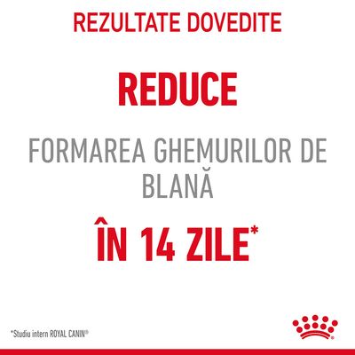 Rezultate dovedite: reduce formarea ghemurilor de blană în 14 zile. *Studiu intern ROYAL CANIN.