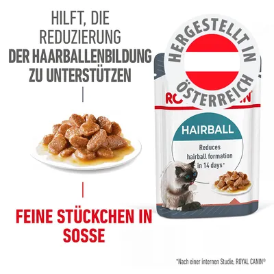 Hilft, die Reduzierung der Haarballenbildung zu unterstützen. Feine Stückchen in Soße. Hergestellt in Österreich. Hairball: Reduces hairball formation in 14 days.