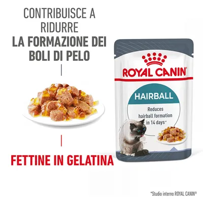 Royal Canin Hairball, bustina con scritta 'contribuisce a ridurre la formazione dei boli di pelo', fettine in gelatina su piatto, gatto e testo inglese sulla confezione.