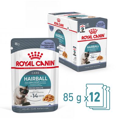 Royal Canin Hairball Care kattefoder, 12 poser à 85 g. Tekst: Helps reduce hairball formation, proven results in 14 days. Billede af kat og foderret på emballagen.