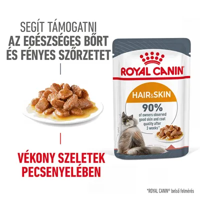 ROYAL CANIN Hair & Skin macskaeledel tasak, vékony szeletek pecsenyelében. Szöveg: Segít támogatni az egészséges bőrt és fényes szőrzetet. 90% jó bőr- és szőrminőség 3 hét után.
