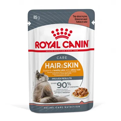 Royal Canin Hair & Skin Care para gatos, 85 g. Texto visible: 'Supports a healthy skin and a shiny coat', 'Over 90% of owners observed good skin and coat quality after 3 weeks'.