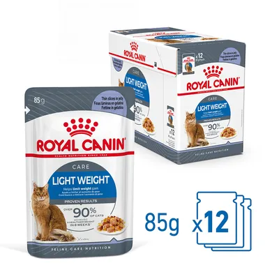 Royal Canin Care Light Weight kattenvoer, 12 zakjes van 85g. Tekst: over 90% behaalde gezond gewicht in 8 weken. Afbeelding van kat en voer in gelei zichtbaar op verpakking.