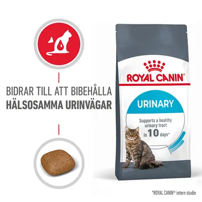 ROYAL CANIN URINARY kattfoder, text: Bidrar till att bibehålla hälsosamma urinvägar. Supports a healthy urinary tract in 10 days*. Bild på foderbit och katt.