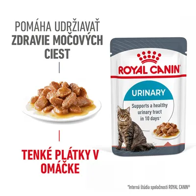 ROYAL CANIN URINARY, tenké plátky v omáčke pre mačky. Pomáha udržiavať zdravie močových ciest. Na obale: Supports a healthy urinary tract in 10 days* (anglicky).