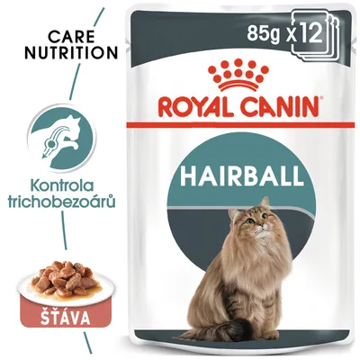 ROYAL CANIN HAIRBALL, 85g x12, šťáva, Kontrola trichobezoárů, CARE NUTRITION, balení s obrázkem dlouhosrsté kočky a porcí krmiva ve šťávě.