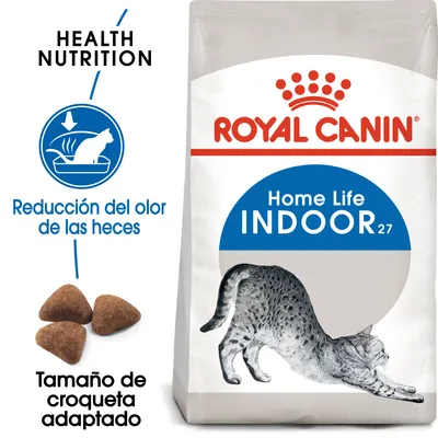 ROYAL CANIN Home Life INDOOR 27, reducción del olor de las heces, tamaño de croqueta adaptado, imagen de croquetas y gato estirándose en el envase.
