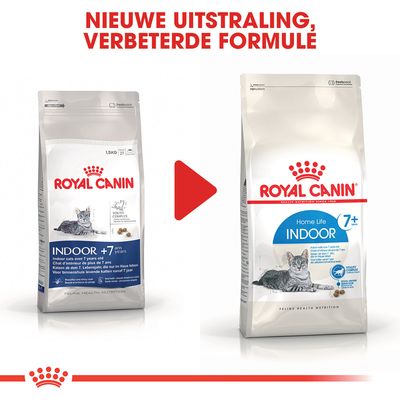 Royal Canin Indoor 7+ kattenvoer: oude en nieuwe verpakking naast elkaar. Bovenaan staat: 'Nieuwe uitstraling, verbeterde formule'. Beide verpakkingen tonen een kat en productnaam.