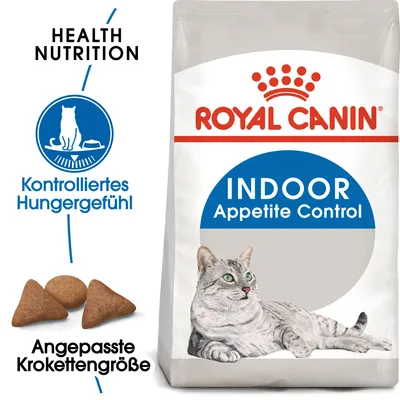 Royal Canin Indoor Appetite Control. Nadzorovan občutek lakote, prilagojena velikost briketov. Health Nutrition za mačke.