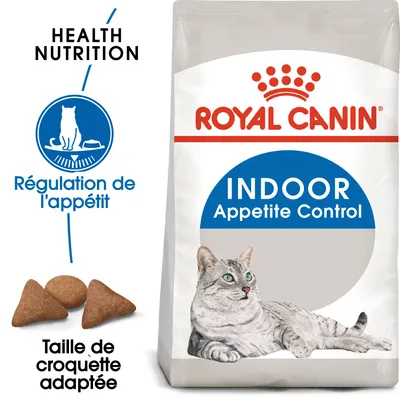 Royal Canin Indoor Appetite Control, régulation de l’appétit, taille de croquette adaptée, Health Nutrition, image de croquettes et chat gris sur l’emballage.
