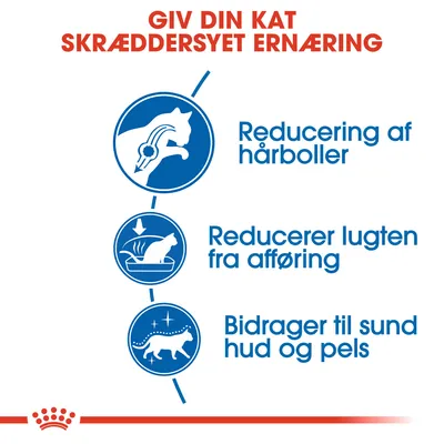 Giv din kat skræddersyet ernæring. Reducering af hårboller. Reducerer lugten fra afføring. Bidrager til sund hud og pels.