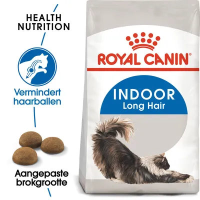 Royal Canin Indoor Long Hair kattenvoer, tekst: Health Nutrition, Vermindert haarballen, Aangepaste brokgrootte. Afbeelding van langharige kat en brokjes zichtbaar.