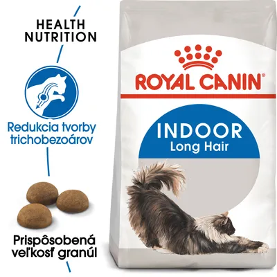 Royal Canin Indoor Long Hair, redukcia tvorby trichobezoárov, prispôsobená veľkosť granúl, balenie s obrázkom dlhosrstej mačky a tromi granulami.