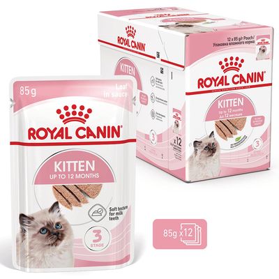 Royal Canin Kitten do 12 měsíců, 85 g x12, paštika v omáčce, měkká textura pro mléčné zuby, stupeň 3. Bez konzervačních látek.