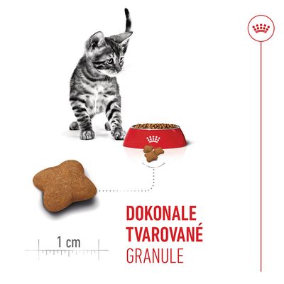 Krmivo pro kočky ve formě misek, velikost kroket cca 1 cm, Text: DOKONALE TVAROVANÉ GRANULE. Kočka vedle misky s granulemi zobrazená.