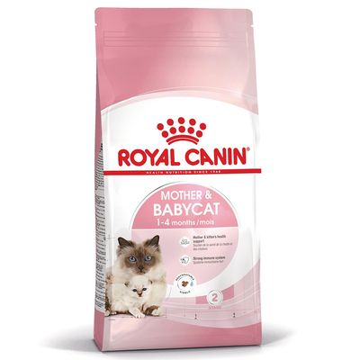 ROYAL CANIN Mother & Babycat 1–4 kk, emon ja kissanpennun terveyden tukeminen, vahva immuunijärjestelmä, kissan ja kissanpennun kuvat pakkauksessa.