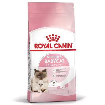 ROYAL CANIN Mother & Babycat 1–4 kk, emon ja kissanpennun terveyden tukeminen, vahva immuunijärjestelmä, kissan ja kissanpennun kuvat pakkauksessa.