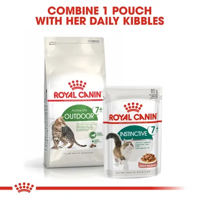 Instructional image showing Royal Canin Outdoor 7+ dry food and Instinctive 7+ wet pouch with text: Combine 1 pouch with her daily kibbles.