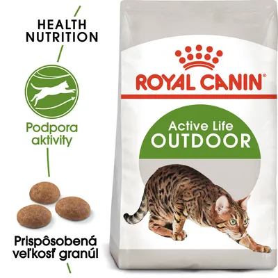 ROYAL CANIN Active Life OUTDOOR, podpora aktivity, prispôsobená veľkosť granúl, balenie s obrázkom mačky a tromi granulami. HEALTH NUTRITION.