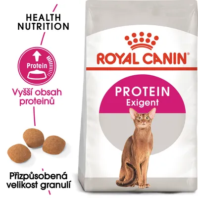 ROYAL CANIN PROTEIN Exigent, Vyšší obsah proteinů, Přizpůsobená velikost granulí, obrázek kočky a tři granule na bílém pozadí