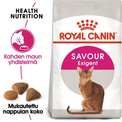 Royal Canin Savour Exigent -kissanruokapakkaus, tekstit: Health Nutrition, Kahden maun yhdistelmä, Mukautettu nappulan koko. Kuvassa myös kaksi erimuotoista nappulaa ja kissa.