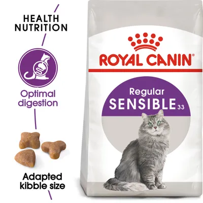 Product image showing Royal Canin Regular Sensible 33 with features: optimal digestion, adapted kibble size, and health nutrition highlighted.