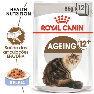 ROYAL CANIN AGEING 12+, 85 g x 12. Saúde das articulações EPA/DHA. Geleia. Imagem de um gato e pedaços de comida em geleia. ROYAL CANIN AGEING 12+, 85 g x 12. Saúde das articulações EPA/DHA. Geleia. Imagem de um gato e pedaços de comida em geleia.