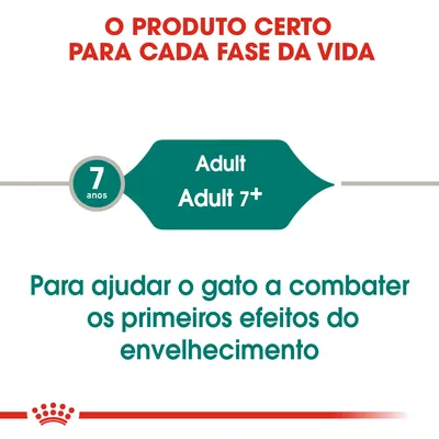 O PRODUTO CERTO PARA CADA FASE DA VIDA. 7 anos. Adult, Adult 7+. Para ajudar o gato a combater os primeiros efeitos do envelhecimento.