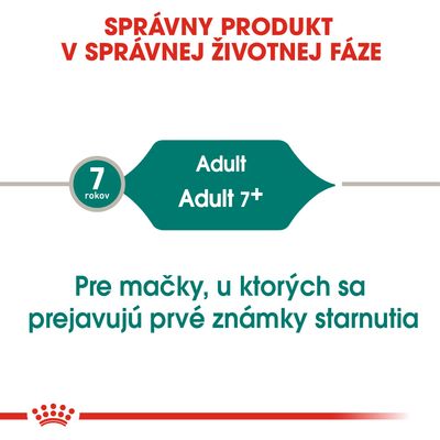 Správny produkt v správnej životnej fáze. 7 rokov. Adult, Adult 7+. Pre mačky, u ktorých sa prejavujú prvé známky starnutia.