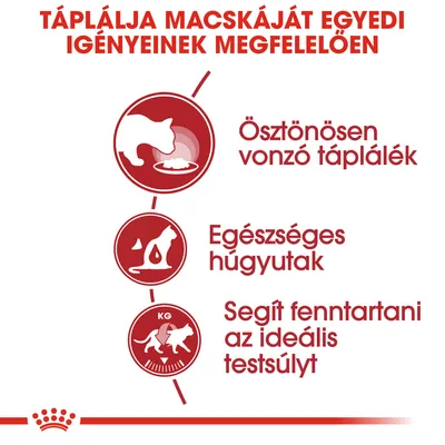 Táplálja macskáját egyedi igényeinek megfelelően. Ösztönösen vonzó táplálék, egészséges húgyutak, segít fenntartani az ideális testsúlyt.