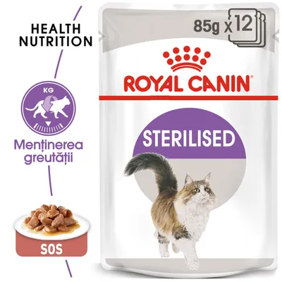 Pachet Royal Canin Sterilised, 85g x12. Text vizibil: STERILISED, Menținerea greutății, SOS. Imagine cu pisică și hrană umedă în sos.