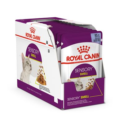 Royal Canin Sensory Smell -kissan märkäruoka, 85 g annospussit, pakkauksessa näkyy tuotemerkki ja tuotenimi sekä kuva kissasta ja ruoka-annoksesta.