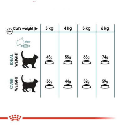 Fodringsvejledning for katte: ved idealvægt 3–6 kg gives 45–74 g dagligt, ved overvægt 36–59 g. Viser skema med vægt og fodermængde i gram pr. dag.