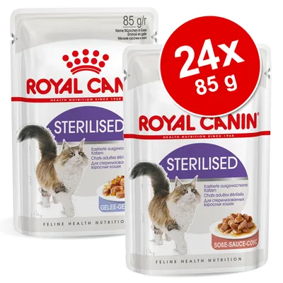 Royal Canin Sterilised kissan märkäruoka, 24 x 85 g annospussit. Pakkauksessa kuva kissasta ja ruoka-annoksesta, näkyvissä tekstit STERILISED ja Feline Health Nutrition. Royal Canin Sterilised kissan märkäruoka, 24 x 85 g annospussit. Pakkauksessa kuva kissasta ja ruoka-annoksesta, näkyvissä tekstit STERILISED ja Feline Health Nutrition.