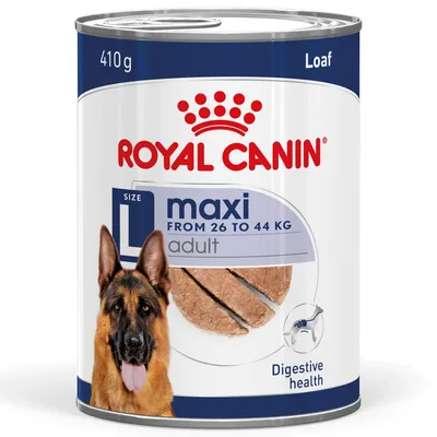 ROYAL CANIN maxi adult Loaf 410 g, fra 26 til 44 kg, Digestive health. Billede af stor hund og dåsemad på emballagen. ROYAL CANIN maxi adult Loaf 410 g, fra 26 til 44 kg, Digestive health. Billede af stor hund og dåsemad på emballagen.