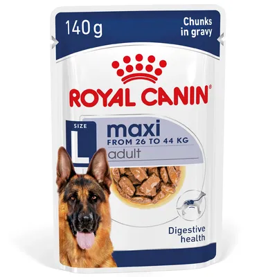 Royal Canin Maxi Adult, 140g, für Hunde von 26 bis 44 kg. Chunks in Gravy, unterstützt Verdauungsgesundheit.