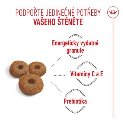 Abrazek granulí s popisky: energeticky bohaté granule, vitaminy C a E, prebiotika.