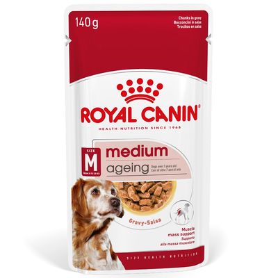 ROYAL CANIN medium ageing Gravy-Salsa, 140 g, pre psy strednej veľkosti nad 7 rokov, podpora svalovej hmoty. Viditeľné kúsky v omáčke, balenie s obrázkom psa.