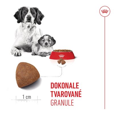 Abbildung eines dreieckigen granule s měřítkem 1 cm, dva psi a miska s krmivem. Text: DOKONALE TVAROVANÉ GRANULE.