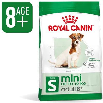 Συσκευασία Royal Canin mini S up to 10 kg adult 8+, Weight maintenance, Optimal vitality support, ένδειξη 8 AGE+ για σκύλους έως 10 κιλά και ηλικίας άνω των 8 ετών.
