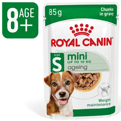Royal Canin mini ageing natvoer, 85 g, voor honden tot 10 kg, chunks in gravy, leeftijd 8+, weight maintenance, zichtbare brokjes op verpakking.