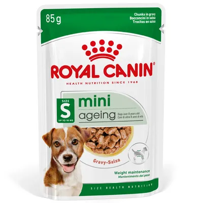 Pouch labelled mini ageing, size S up to 10 kg, for dogs over 8 years old. Chunks in gravy, gravy-salsa flavour. Weight maintenance. Net weight 85g.