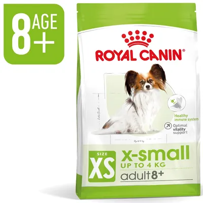 Συσκευασία Royal Canin x-small adult 8+, έως 4 κιλά, με σκύλο στη συσκευασία. Εμφανίζεται το κείμενο: Healthy immune system, Optimal vitality support, SIZE XS, AGE 8+.